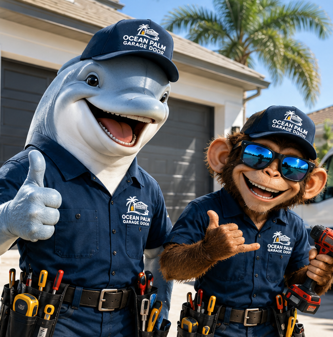 Ocean Palm Garage Door Service dolphin and monkey technician concept